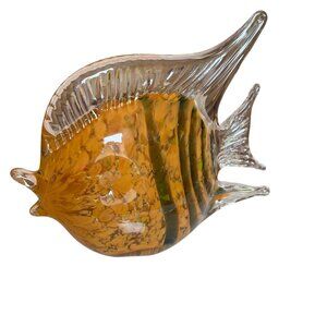Handblown Glass Fish Art Glass Striped YLW BRN Gold Flecks CLR Glass Fins 7"x 8"